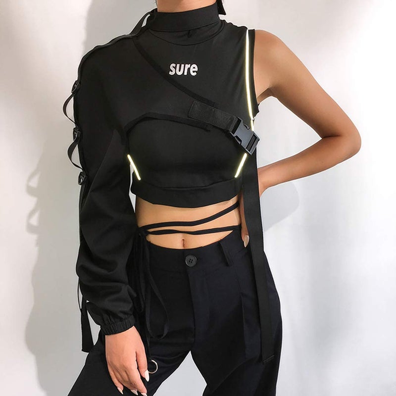 FlyCC Women Sexy One Shoulder Adjustable Buckle Crop Tops - Reflective Festival Rave Form Fitting Shrugs - Image 2
